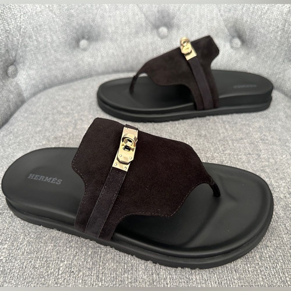 HERMES EMPIRE BLACK SUEDE LEATHER FLIP FLOPS SHOES FLAT THONG SANDALS 39 GOLD HW